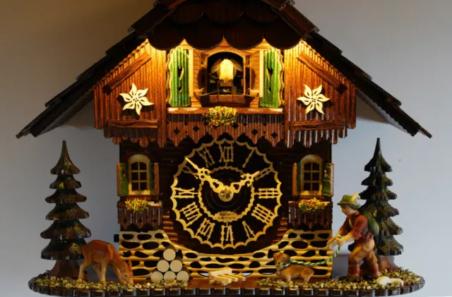 cuckoo clock black forest quartz german  music lighting new battery wood