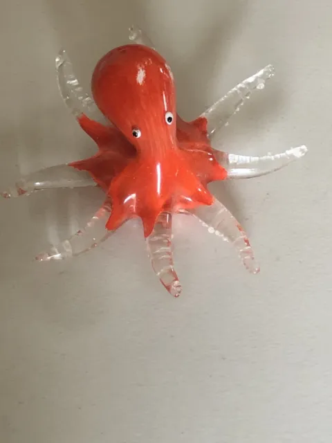 Murano Style Art Glass Mouth Blown Octopus Figurine Orange/Red 7” Long