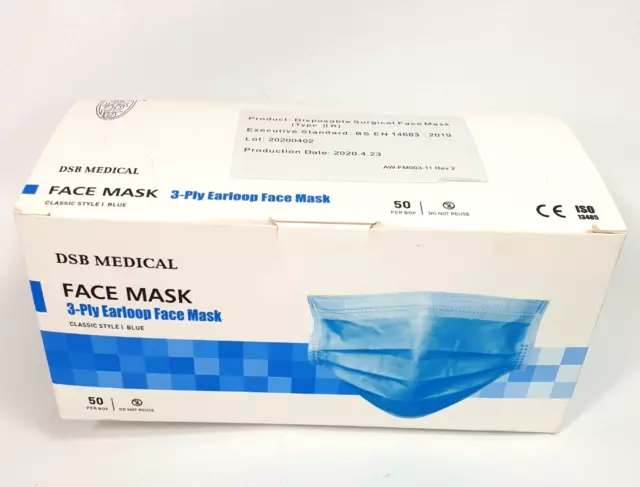 100 X DSB MEDICAL Type IIR Surgical Face Mask 3-Ply Medical Grade EN14683 CE