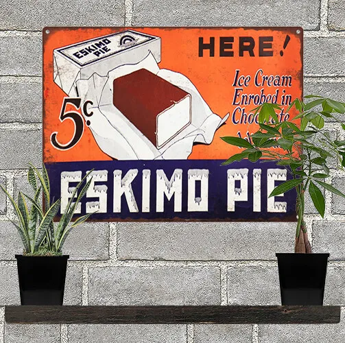 1929 Eskimo Pie Ice Cream 5 cent Ad Baked Metal Repro Sign 9 x 12 60128