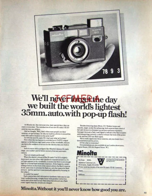 1979 MINOLTA 'Hi-Matic SD 38mm' Camera Advert Print : Vintage Original Ad