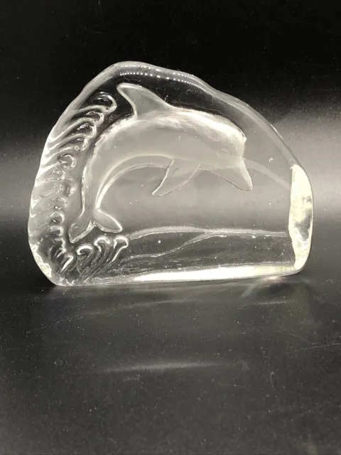 Vintage Engraved Dolphin Swimming Glass Paperweight Desk Decor Sea Life Coastal