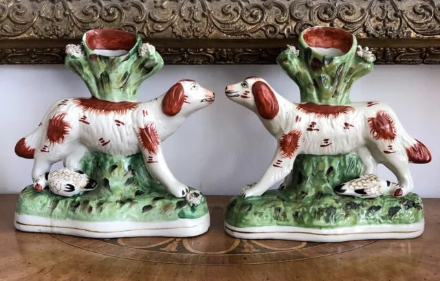 Antique Staffordshire Spaniels Hunting Dogs Pointers Spill Vases Figurines