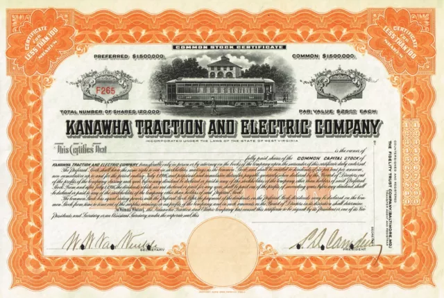 USA KANAWHA TRACTION AND ELECTRIC COMPANY stock certificate/bond