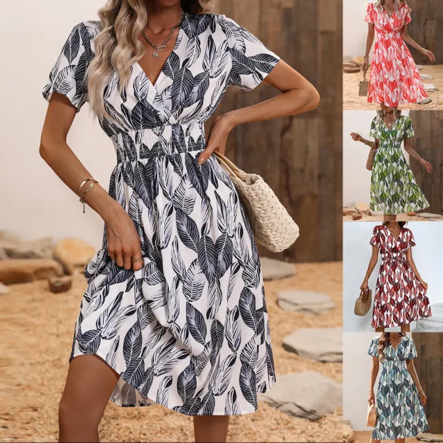 Boho Womens Floral Midi Dress Summer Wrap V Neck Short Sleeve Beach Sun Dresses
