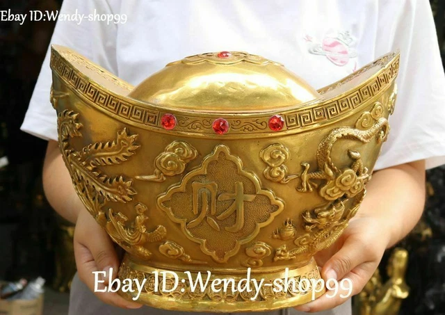 11" China Bronze Feng Shui Dragon Phoenix Bird Wealth Money Yuanbao Coin Statue