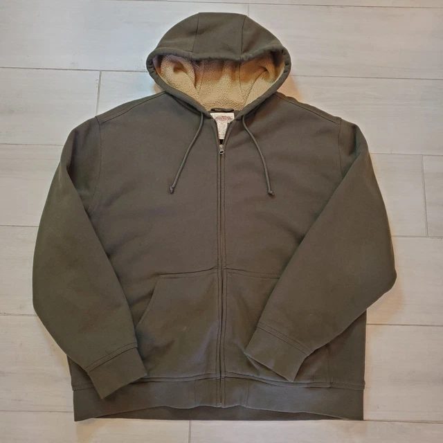 LL Bean Katahdin Iron Works Mens Jacket Large Green Hoodie Sherpa Lined Full Zip