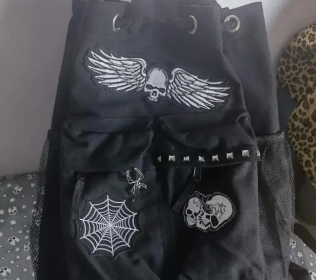 Womens Mens Unisex black gothic bag punk rock metal large capacity backpack scho