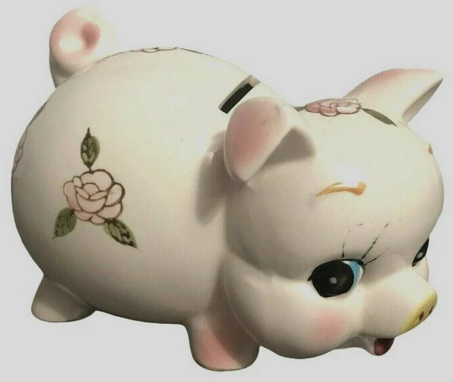Vintage Lefton Ceramic Piggy Bank Pink Flowers Hand Painted Japan With Stopper.