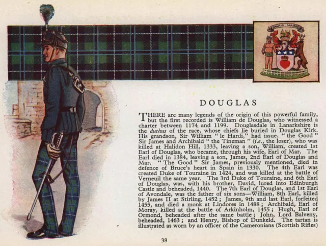 Douglas. Scotland Scottish clans tartans arms 1957 old vintage print picture