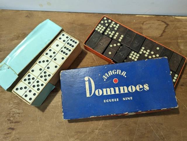 Lot Of 2 Vintage Domino Sets Wood Bakelite Magna Double Nine