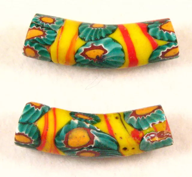 2 Old Venetian Glass MILLEFIORI ELBOW  African Trade Bead Swirl Green Yellow Red