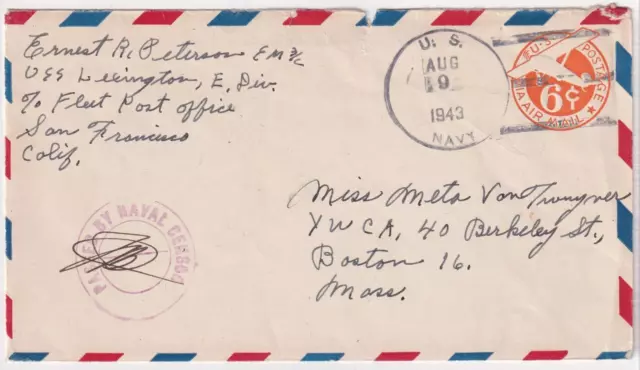 1943 WWII Sailor's Mail USS LEXINGTON CV-16 Pearl Harbor HI Naval Cover C6131