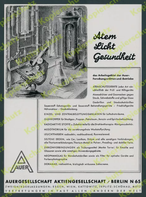 Reklame Auergesellschaft Chemie Labor Mikroskop Atemschutz Technik Berlin 1940