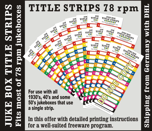78RPM JUKEBOX TITLE Strips MIXED COLORS LABELS +TEMPLATE-PRINT.-INSTR ...