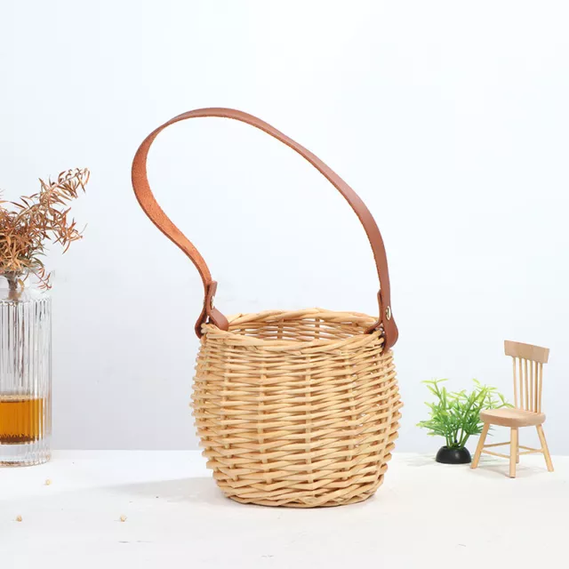 Woven Storage Basket Plant Wicker Hanging Baskets Potted With Leather Han~DC