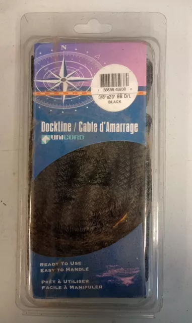 NEW 20' x 3/8" Double Braided Nylon Dock Line with 12" Loop, Black B2