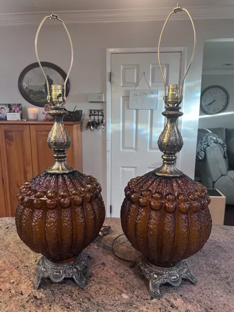 Vintage Mid Century Modern Hollywood Regency PAIR OF LAMPS AMBER UNIQUE! HTF