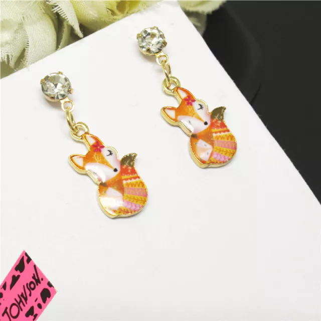 Hot Fashion Lady Red Enamel Cute Fox Animal Crystal Women Stand Earrings