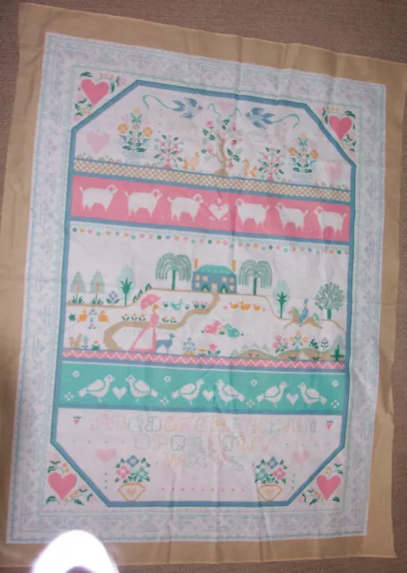 Vintage Fabric Panel Folk Art Cross Stitch Amish Style 35" x 45"