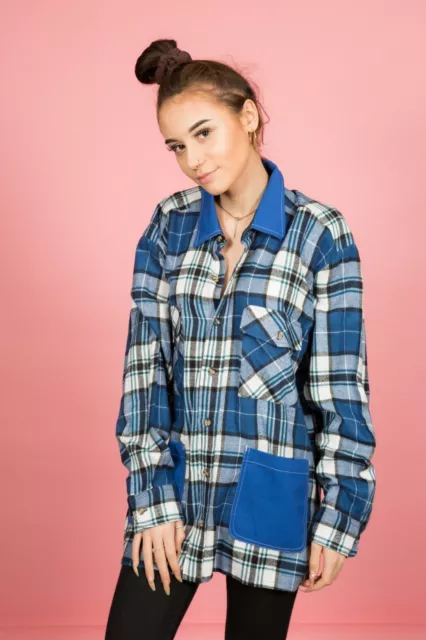Camicia di flanella vintage blu bianco a quadri rielaborata di Back Packer