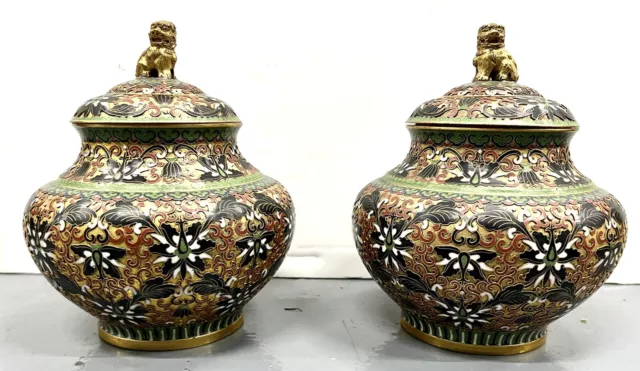 PAIR of Antique Chinese Hand Made Exquisite Cloisonne/Foo Dog Enamel Vases