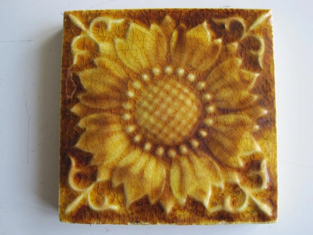 Antique Victorian 3" Moulded & Majolica Glazed Floral Tile - Sherwin & Cotton?
