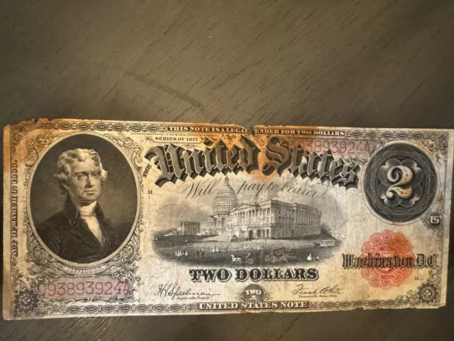 1917 $2 Two Dollar Red Seal Legal Tender Large Size United States Note Bill