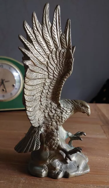 Vintage Aged Brass Hunting Eagle Statue - Green Patina