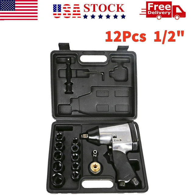 1/2" Drive Air Impact Wrench with 10 1/2 dr Socket Set 1 Extension Bar air USA