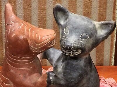 Antique Mexican Precolumbian? Mayan? Black Red Pottery Statue Figurine 2 Puppy's 2