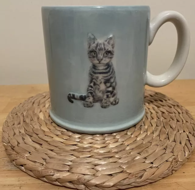 The Old Pottery Company Coffee Tea Blue Mug Cup Gray Striped Tabby Cat 3D Kitty