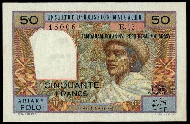 Madagascar 50 Francs=10 Ariary 1969 P-61 Au/Unc Rare French Colonial Banknote