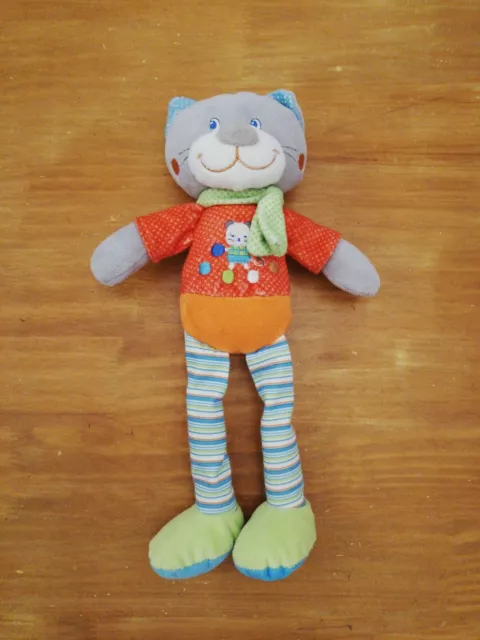 O/ Doudou Peluche Mots D'enfants Siplec Chat Orange Bleu Vert Rouge Rayé Écharpe