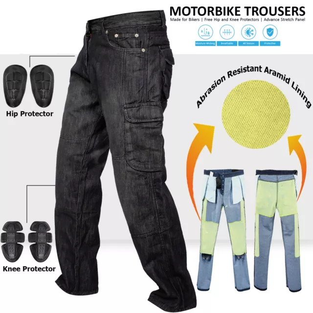 Denim Motorcycle Motorbike Work Cargo Trousers Jeans With Protection Lining BLK