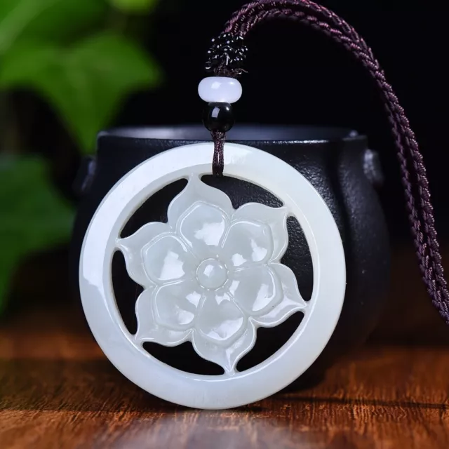 Chinese Hetian White Jade Hand Carving Ping An Lucky Flower Pendant