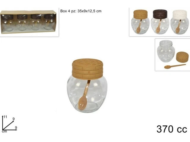 SET 4 BARATTOLI In Vetro 370cc Con Coperchio E Cucchiaino Contenitori SET 4 BARATTOLI In Vetro 370cc Con Coperchio E Cucchiaino Contenitori