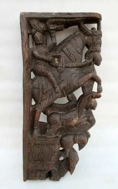 Antique Old Wooden South Indian Horse Lion Bird Figure Temple Door Bracket Panel