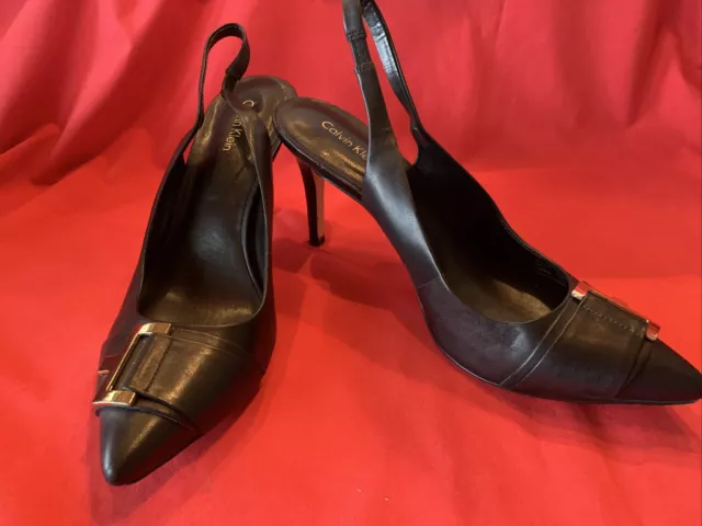 Calvin Klein Karel Soft Leather Slingback  Heels Black  Size 8.5 US Gold Metal