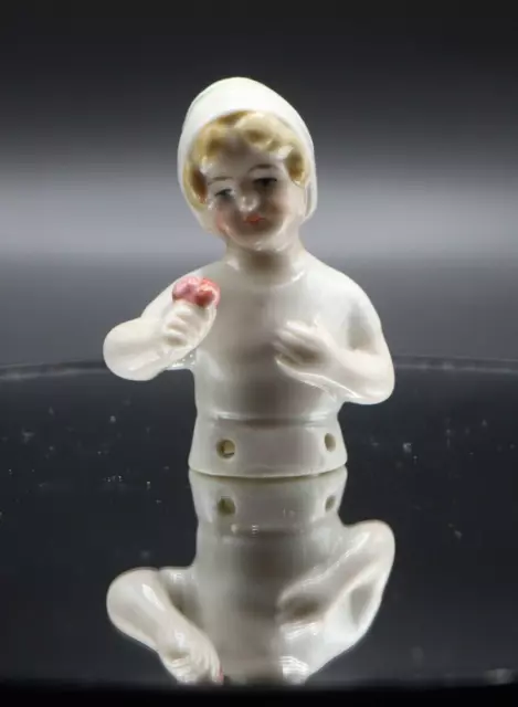 Antique Porcelain Half Doll Blonde Girl White Bonnet Stamped Germany Dollhouse