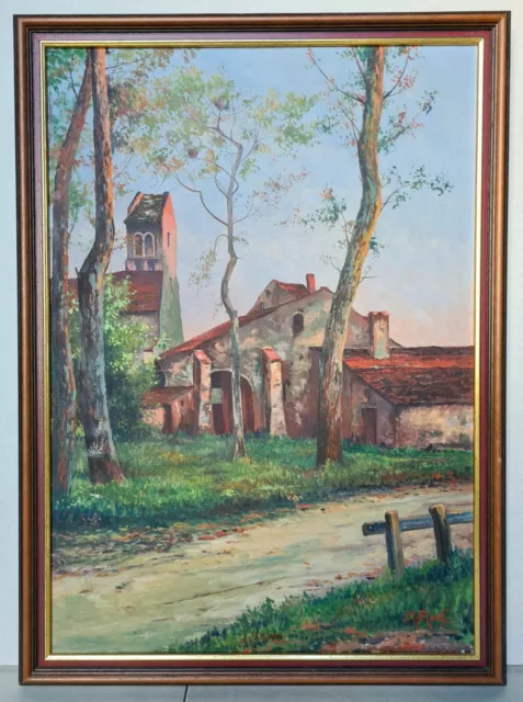 Antico Quadro Olio su Tela Vista Villaggio Campagna Firmato M Rueff Inizio 20ème