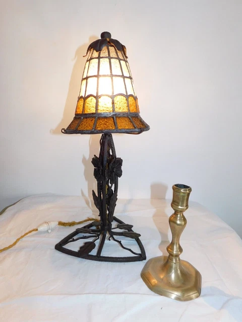 Lampe De Bureau Art Deco Fer Forge Martele Tulipe Tiffany Circa 1920/30 Vitraux