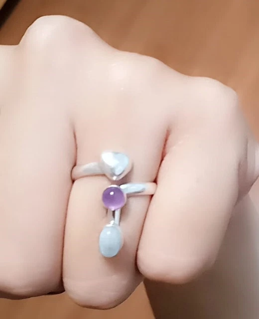Ring Heart, Amethyst Stone And Moon Stone, Silver 925 Size 5 3Gr, Taxco Mexico