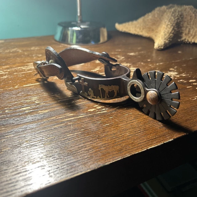 Western Rowel Spur - Praying Cowboy-Cross-Horse Motiff - Brown Iron - Tough 1