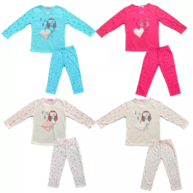 Girls Kids Pyjamas Long Sleeve Top Bottom Set Nightwear PJs Printed Heart
