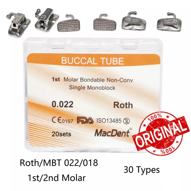 MacDent Dental Orthodontic Sgl Buccal Tubes 1st 2nd Molar Tube Roth MBT.022 .018 3