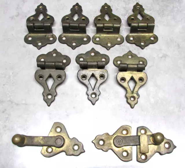 Vintage Ornate Brass Ice Box Hardware Matching Set 7-Hinges 2 Latches & 1 Keeper