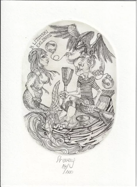 HILDE STEVENS: Exlibris für Brigitta Lizinski, "Das Narrenschiff", Nixe