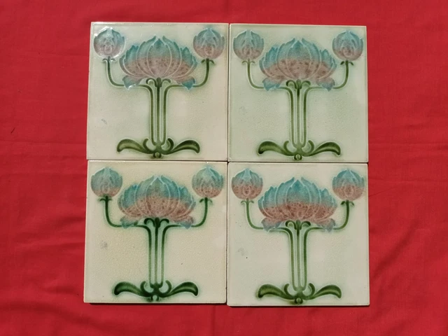 4 Pieces Old Art Luster Design Majolica Ceramic Tiles England Made 0226
