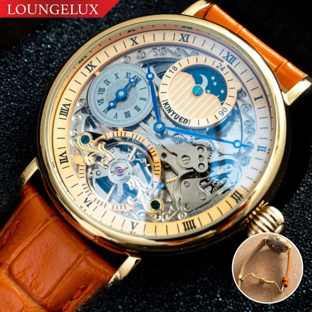 Mens Gold Dual Time Skeleton Automatic Mechanical Watch Orange Leather